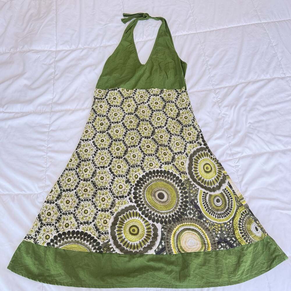 Vintage 2000s Green Brown Boho Mandala Halter Maxi Dress Size M